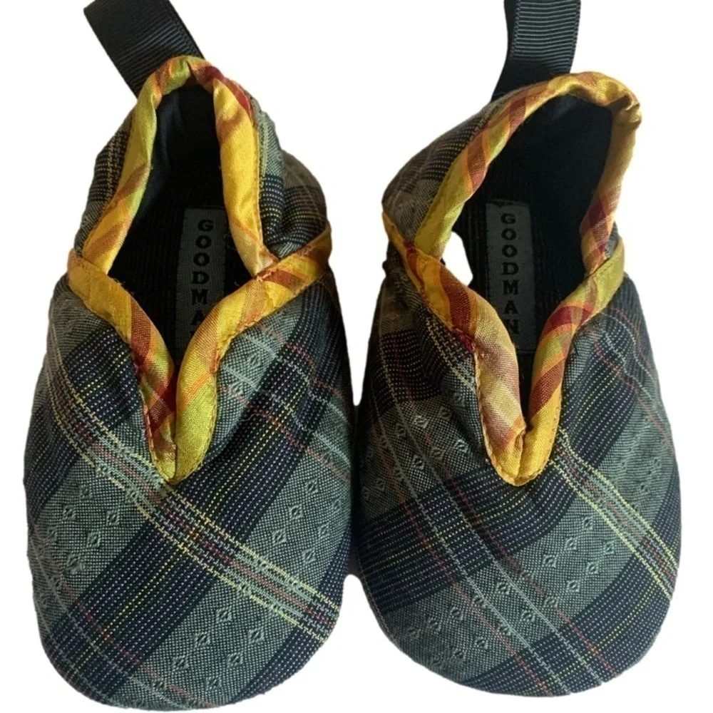 Goodman Baby Green Black Gold Plaid Leather Suede Bottom Sole Slippers Size BXS